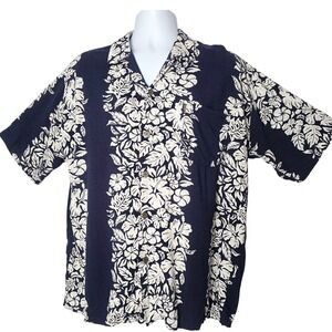 Ocean Current Vintage Hawaiian Shirt L Navy/White Floral Korean Made 80s Dadcore